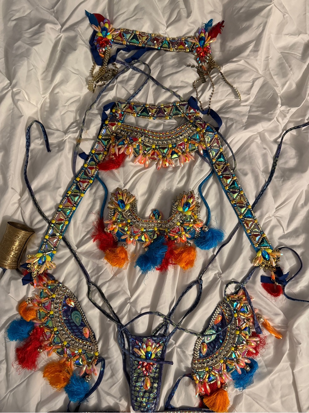 Blue Jewelled Orange Gem Embellished Crystal Carnival Costume Festival Tassels - Picture 4 of 9